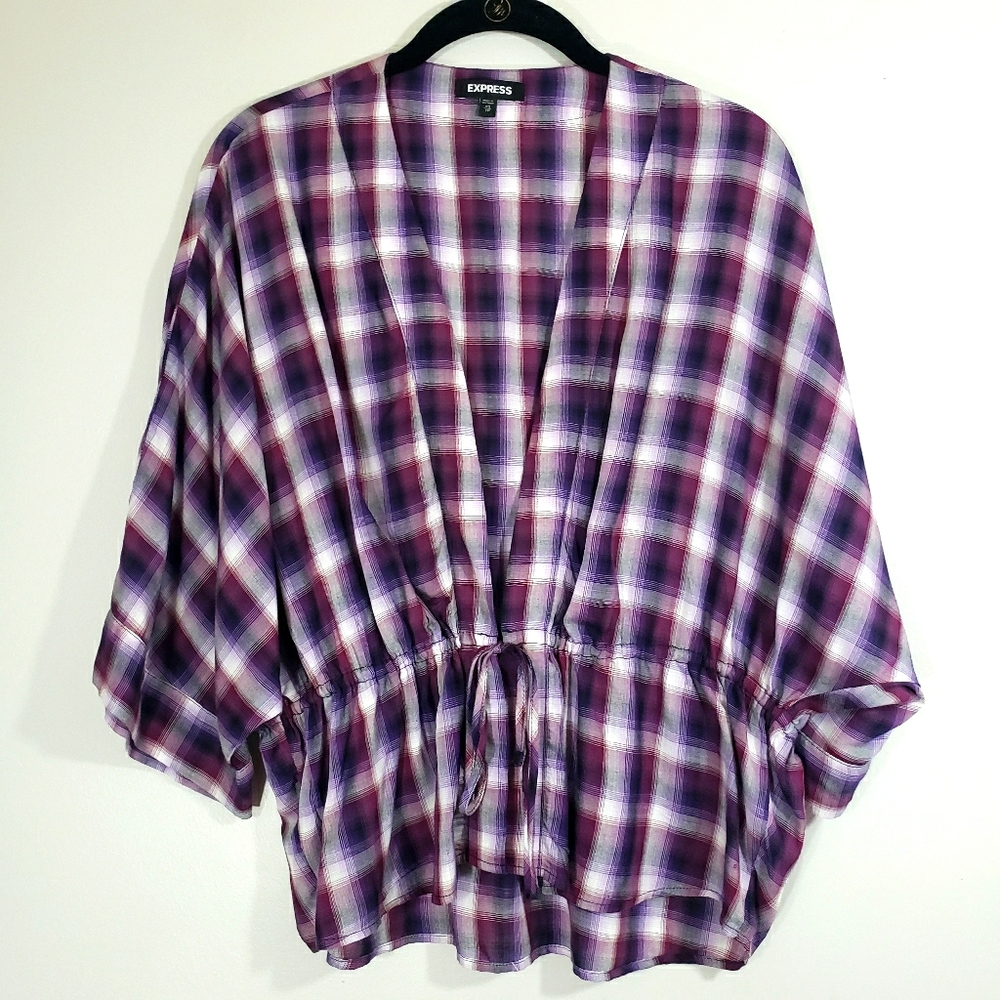 EXPRESS deep V plaid tie waist dolman sleeve top